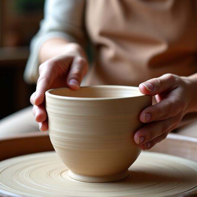 A high-quality close-up of hands carefully shaping a clay pot