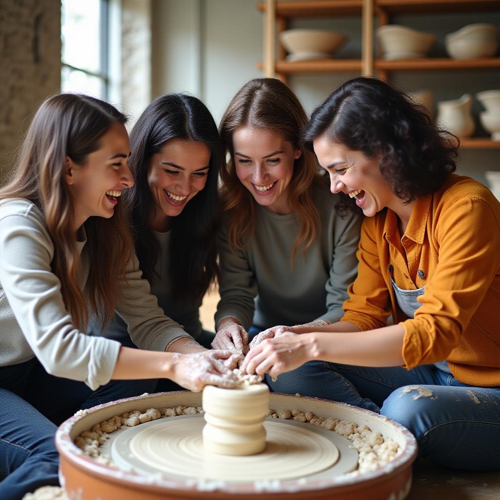 A group of professionals laughing while working on a collaborative pottery wheel session